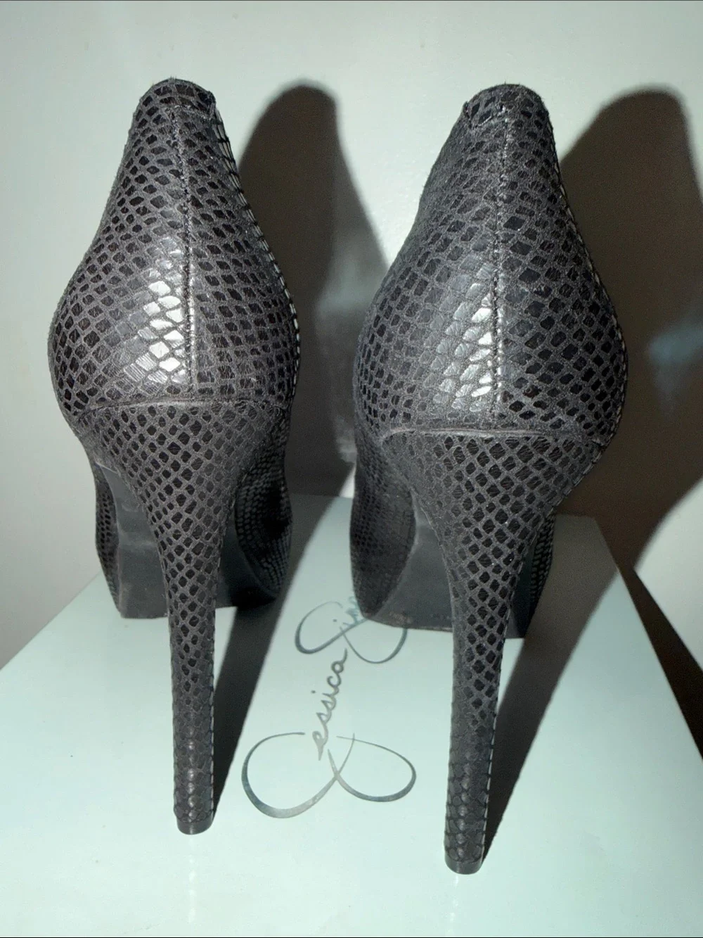 NIB Jessica Simpson Black Snake-Embossed Platform Stilettos